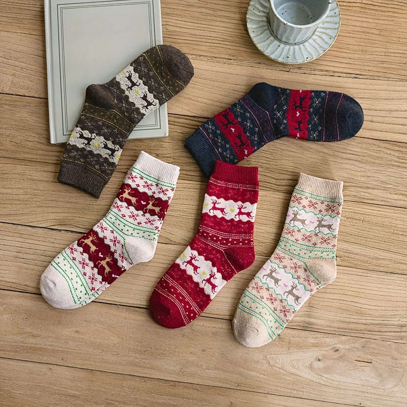 5 Pairs Elk Print Thickened Socks