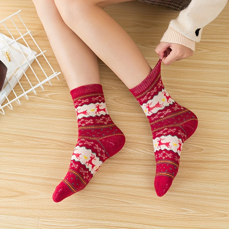 5 Pairs Elk Print Thickened Socks