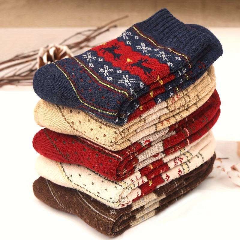 5 Pairs Elk Print Thickened Socks